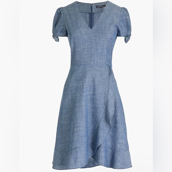 J. Crew Blue Buttoned A-Line Chambray Faux-Wrap Mini Dress Size 2 - Picture 3 of 6